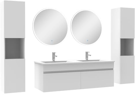 AICA Ensemble Meubles Salle de Bain Double Vasque 120cm, colonnex2 et Miroir Rond Blanc