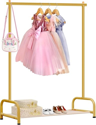 MISSLO Baby Clothes Rack, Small Kids Clothing Rack with Bottom Storage Shelf, Child Clothes Hanger Rack for Coats, Dance Costume Metal Garment Rack for Hanging Clothes, Gold