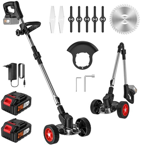Desbrozadora Bateria 21V, Desbrozadora Electrica con 2 x 3.0Ah Baterías y 3 Cuchillas, Ruedas Desmontables, Varilla Telescópica, Cortacésped de Batería Plegable para Recortar Césped y Arbustos