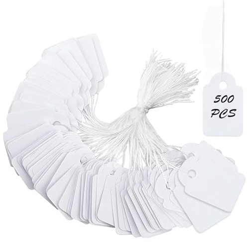 500Pcs Pre-Strung Blank Price Tags 35×22mm, White Cardstock Retail Tags with Nylon Cord for E-Commerce Craft Event Retail Pricing