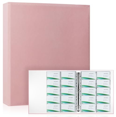 Portacarte Organizer Rosa con 600 Capacità - 30 Fogli Refill, Sistema 3 Anelli A4, Caricamento Laterale per Biglietti da Visita & Carte, Pelle PU Premium