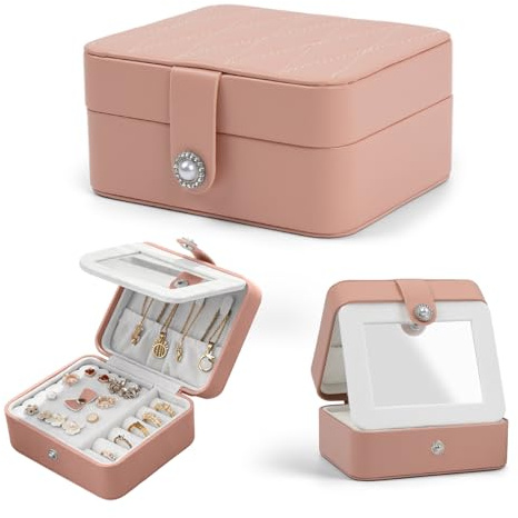 AiiBowy Joyero de Viaje Pequeño con Espejo - 12,5 x 6 x 11 cm, Caja de Joyas para Mujer, Joyero Portátil, Cuero, Hebilla, joyero Pequeño para Joyas para Anillos, Pendientes, Collares, Pulseras - Rosa