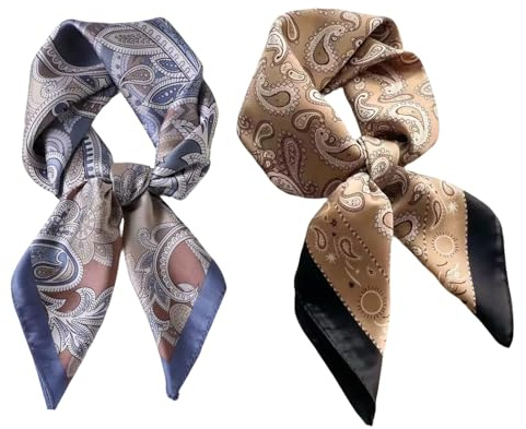 XFSRG 2 Pezzi Foulard Donna Seta Raso Bandane Leggero Elegante Fazzoletti da testa Protezione Solare Quattro Stagioni(Marrone e Blu)