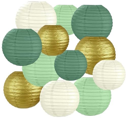 AOOSA Lanterne di carta, 12 Lanterna di Carta Rotonde da Appendere, 15, 20, 25 cm Lanterne Cinesi da Decorazione per decorazioni per la casa, feste, matrimoni, festival(Oro, Avorio, Verde Salvia)