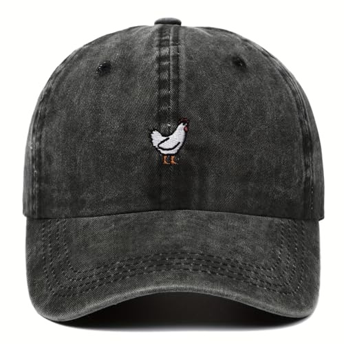 Generisch Vintage Baseball Cap Schwarz mit Huhn Stickerei – Unisex Dad Hat – Verstellbare Baumwoll Kappe