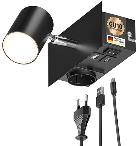 ledscom.de Väggspot WAIKA, 1-flammig, svart, eluttag, USB-C, USB-A, inkl. LED GU10-lampa 450lm, varmvit