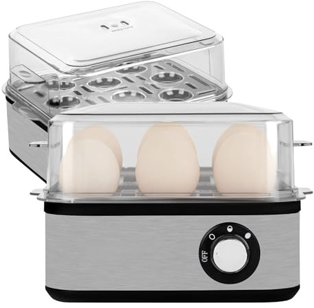 Cuociuova in Acciaio Inox da 1 a 8 Uova - Fornello per Uova – Cuoci Uova da 500 W - Tre Gradi di durezza alla Coque, barzotto, sodo - Accessori Lavabili in lavastoviglie