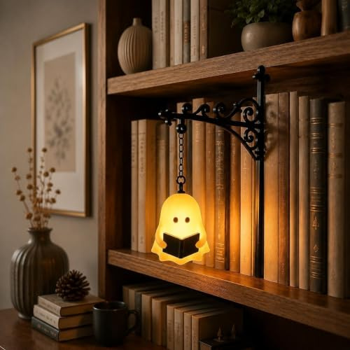 Bibliotekslykta – dekorativ bokhyllsbelysning, läshörna LED-nattlampa, metallbokhyllslampor, vintage bord-/skrivbordsarmaturer, studiös hemrumsornament (spöke)