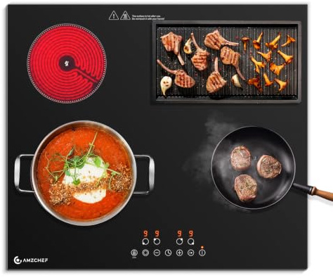 AMZCHEF Placa Vitrocerámica 4 Fuegos 7200W, Placa Eléctrica Empotrable, 9 Niveles de Potencia, Zonas Dual/Oval para Asar, Función Pausa de Calentamiento, Compatible con todos los Utensilios de Cocina