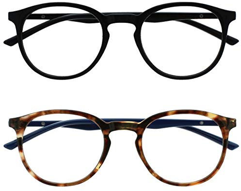 OPULIZE Met Lunettes de Lecture Anti-Lumière Bleue Pack de 2 Montures Rondes et Mincess Charnières à Ressort Améliore le Sommeil Jeux Ordinateur Noir Marron Hommes Femmes BB60-12 +1.50
