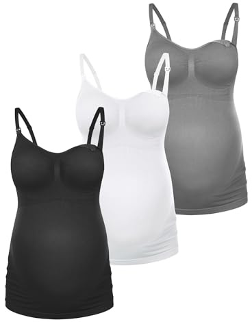 HOFISH Support Nursing Tank Tops for Breastfeeding, Comfort Stretch Non Padded Nursing Tops Camisoles BlackWhiteGrey L
