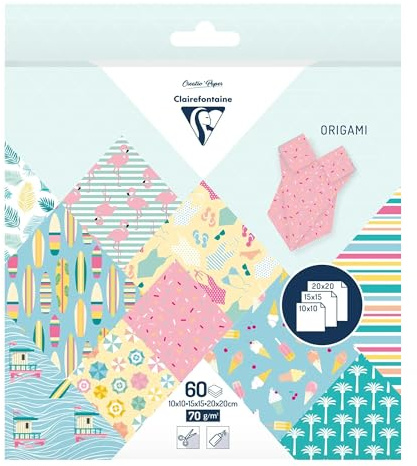 Clairefontaine 95363C - 60 Fogli di carta Origami da 70g/m², 3 misure: 10x10cm, 15x15cm, 20x20cm, 10 motivi colorati assortiti (2 Fogli per misura), Hobby creativo Adulti e bambini, California