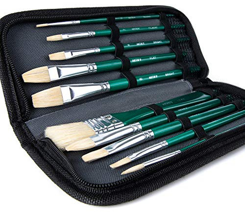 ARTIFY Pinsel-Set 10 Stück Schweineborsten Öl, Premium Pinsel-Set mit Tragetasche, ideal für Acryl, Öl, Aquarell und Gouache-Malerei, Grün