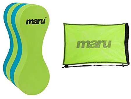 MARU Swimming Pull Buoy Float, Adults and Kids, Swimming Aid Equipment for Stength Training, Pool use, provides comfort and buoyancy (Lime/Blue, Youth) & Unisex A3342 Mesh Bag, Lime, One Size UK