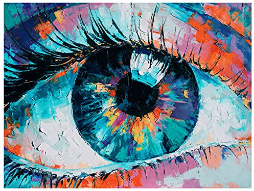 wandmotiv24 Deko Wandbild aus Acrylglas, Größe 160x120cm, Querformat, Gemälde Auge, bunt, Kunst, Blau, Orange, Art, Wimpern, Dekoration Wohnung modern, Deko, Acryl, Wanddeko Schlafzimmer M0110
