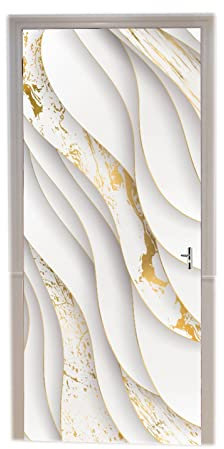 A.Monamour Adesivo Porta Autoadesiva Fondo Geometrico Del Modello Di Onde Bianche Dorate Vinile PVC Adesivi per Porte Interne 3D Pellicola Adesiva Poster Sticker Murale Parete Carta da Parati 90x200cm