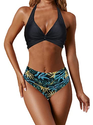 NLAND Bikinis Mujer Push Up Conjunto de Trajes de Baño para Mujer Bandeau Fruncidos de Dos Piezas de Cintura Alta Trajes de Baño(Estampado de Hojas Negras,XL)