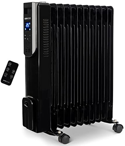 MONHOUSE Oil Filled Radiator - Energy Efficient 11 Fin Portable Electric Heater - Built In Thermostat & Digital Display - Remote Control, Overheat and Tip Over Safety Cut Off - 3 Heat Settings -Black