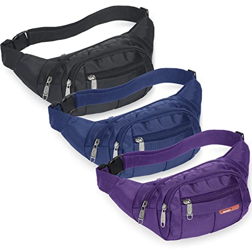 3 Pcs Fanny Packs Crossbody Waist Bags for Women Men Crossbody Waterproof Fanny Pack Belt Bag for Travel Walking Running Hiking Cycling Outdoor Easy Carry Any Phone, Wallet (Black, Purple, Navy Blue)