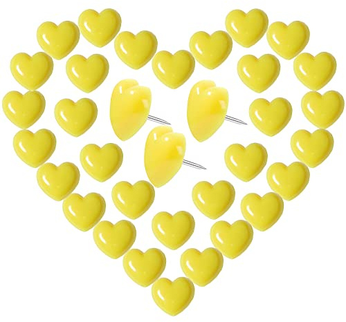 VAPKER 150 pines amarillos para el pulgar con forma de corazón de amor, pasadores decorativos de plástico, con tachuelas de mapa de punta de acero para fotos de pared
