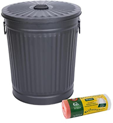 Jinfa Juego de 1 cubo de metal con asas y tapa + 30 bolsas de basura | Negro | 62L