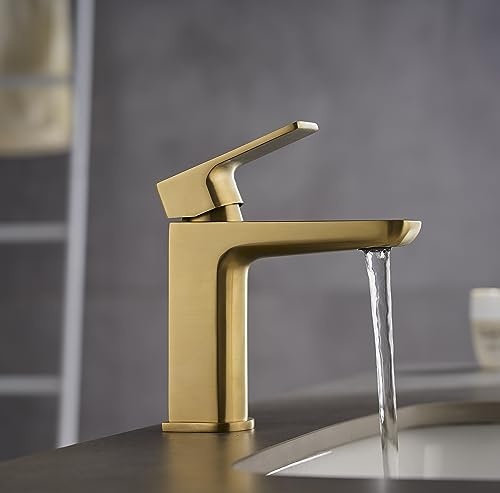 KINGBATH™ Single Lever Mono Basin Mixer Tap with Click Clack Sprung Waste Bathroom Sink Hot and Cold Faucet Solid Brass Modern Brushed Brass Gold Easy to Fit/Install