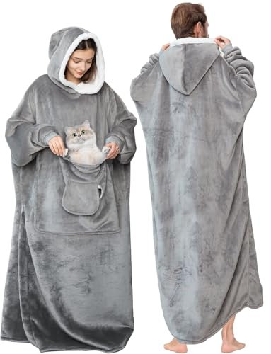 Elaxi Extra Long Oversized Blanket Hoodie, Soft Sherpa Hooded Wearable Blanket with Sleeves, Pockets Fleece Warm Wearable Throw Giant Sweatshirt for Women and Men (XL, Light Grey)