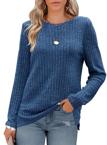 Odosalii Womens Tops Jumpers 2025 Long Sleeve Round Neck Solid Color Striped Knitted Lightweight Casual Tunic Tops to Wear with Leggings Navy Blue