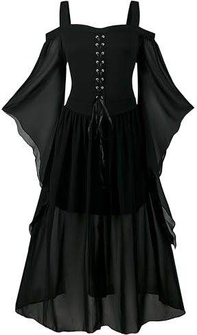 Costume de renaissance pour femme - Robe médiévale avec manches trompette gothique maxi robe de carnaval Halloween fête