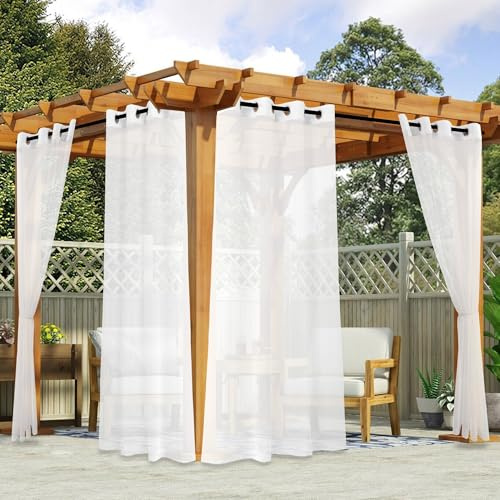 youleyar White Outdoor Sheer Curtains for Patio Waterproof - 2 Panels Linen Look Grommet Curtain Light Filtering Outside Drapes for Living Room, Pergola, Cabana, Gazebo, 52 W x 84 L, White