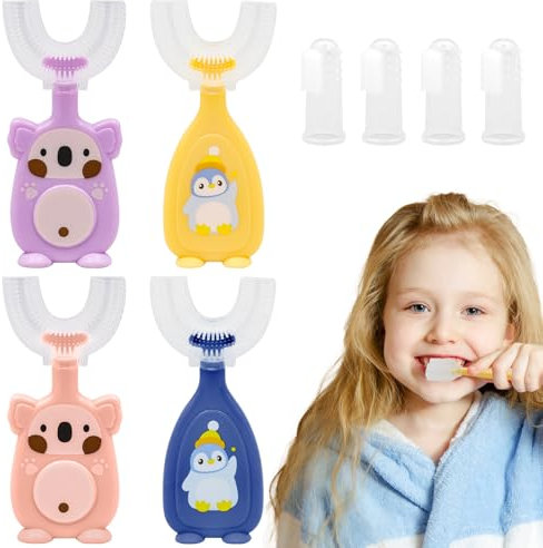 Scettar 4 Pezzi Spazzolino Bambini 2 Anni A 6 Anni,Spazzolino Denti Bambini A Forma Di U,Pulizia Orale A 360 Gradi,Con 4 Set Da Pollice,Materiale In Silicone Morbido