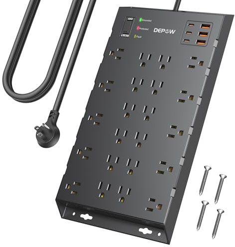DEPOW Surge Protector Power Strip, 6.5FT Long Flat Plug Extension Cord with 22 AC Outlets (1875W/15A), 6USBs (3 USB-C Ports), 2100J Surge Protection, Wall Mountable for Gaming, Office, Home, Black