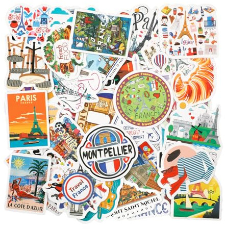 France Autocollants, 50pcs Français Paris Tour Eiffel Autocollants Imperméable pour Bouteille D'eau Ordinateur Portable Pour Adolescents Party Supply Sports Fans Scrapbooks Journaux Décalcomanies