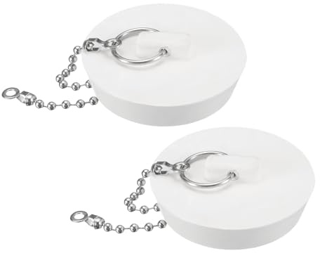 QUARKZMAN 2pz Tappi per Vasca, Tappi per Vasca in Gomma 2 per Scarico Lavandino Cucina, Tappo per Scarico Bagno con Anello di Trazione e Catena 15, Bianco