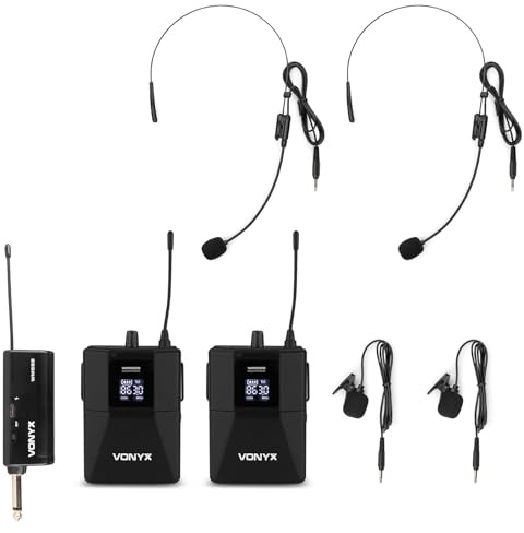 VONYX WM552B Dual UHF Wireless Headset Microphone System, Includes 2 Mic Headsets & 2 Lapel Lavalier Microphones, 50m Range, Digital Display for Professional Presentations & Performances