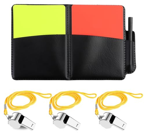 XUKZIMA 1 Set Ensemble d'Arbitre de Football avec 3 Sifflets en Métal Cartons Jaune et Rouge Carte d'Arbitrage et Crayon Idéal pour Football Basketball et Sport Scolaire