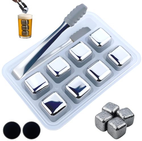 ghiaccio riutilizzabili, in acciaio inox, ghiaccio congelati, set di pietre riutilizzabili con pinza da 8 ghiaccio per vino, succo di bevande, con 2 sottobicchieri