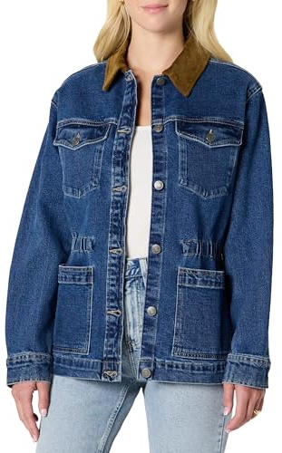 Amazon Essentials Women's Regular-Fit Low Stretch Denim Cinched Waist Barn Jacket, Medium Blue Vintage, L