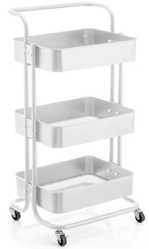 K AKTUAL Carrito Auxiliar con Ruedas, Carro Organizador almacenaje con 3 Ganchos, 42x36x86cm. Ideal para baño, Cocina, salón, Oficina y estetica. Color Blanco.