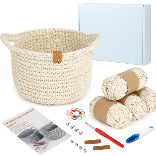 Reessy Crochet kit, Round Basket Crochet Starter Kit with Instruction, Crochet Hook, Thick Yarn, Complete Crochet Kits for Beginners Adults Learn How to Crochet Storage Basket-White