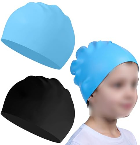 2 Pack Kids Swim Caps, Waterproof Silicone Swimming Hat Black and Blue, Soft Stretchy Comfortable for Boys and Girls, Durable Anti-Slip Design for Swimming Activities