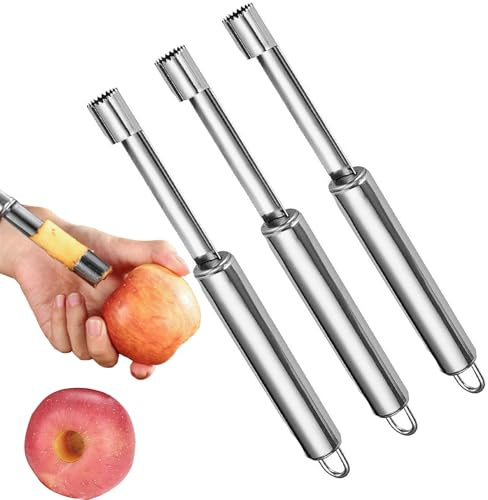 3 descorazonadores de manzanas con hoja de acero inoxidable, práctico cortador de núcleo con gancho para colgar, descorazonador de ciruelos, elimina núcleos, descorazonador de frutas, descorazonador