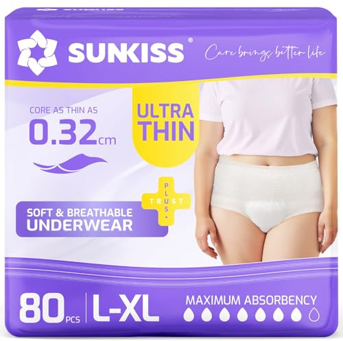 SUNKISS TrustPlus Ultratunna Inkontinensbyxor för Kvinnor, 80 Vita Engångsunderkläder Storlek L/XL, 7 Droppar, Snabb Absorption, Bekvämt Skydd vid Urinläckage eller Efter Förlossning