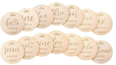7 Pcs Wooden Double-Sided Engraved Milestone Sign, 10cm/3.94inch Round Monthly Milestone Cards Sign, Perfect for Capturing Precious Moments for New Parents Gift Set Infants 0-12 Growth Recording