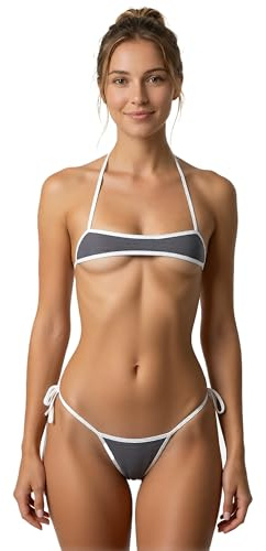 HiSexy Women Micro Bandeau Bikini Set 2 Piece Extreme Sexy Lingerie Mini Thong Swimwear Beachwear Swimsuit Bathing Suit (Grey)