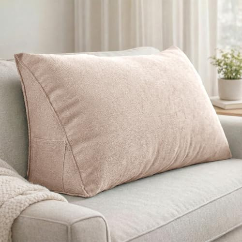 Aocase Almohada de Cuña con Soporte Lumbar - Cojín Triangular Grande para Lectura en Cama y Sofá, Diseño Ergonómico, Material Suave, Fácil Transporte,Linen Color,60×35×20cm