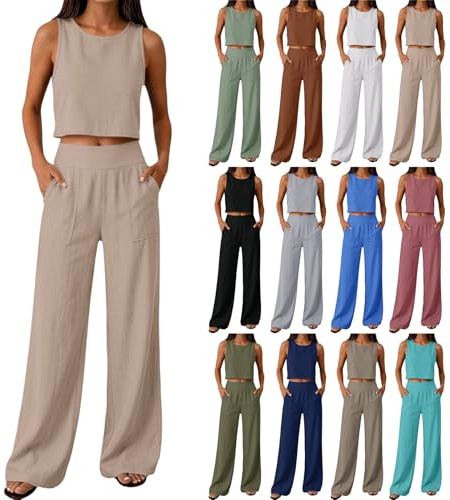 Completo Estivo Donna Lino Tailleur Donna Estiva Senza Maniche Girocollo Tuta Completa Lino e Cotone Completi Estivi Set Casual Relax Corte Top e Pantaloni Estivi da Casa Ideale Per le Vacanza