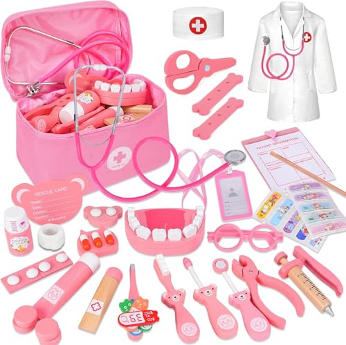 Läkarväska barn trä lekset, 46 delar doktorväska barn med äkta stetoskop, termometer, spruta, läkarväska och läkarlock, rollspel leksak present för barn från 3, 4, 5 år – rosa
