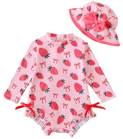 Traje de baño de bebé niña con Sombrero de Sol Manga Larga protección UV Traje de baño para bebé niña de 3 a 36 Meses Ideal para La Playa y La Piscina