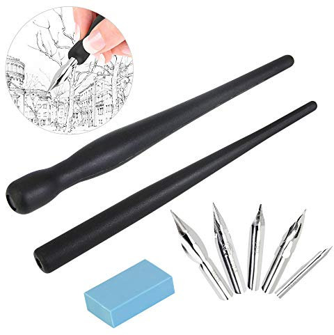 RMENOOR Federhalter Kalligraphie Manga Zeichenfeder Schreibfeder Zeichen Feder Stifthalter Set Zeichnung Comic Pen Nib Holder mit 2 Federhalter 5 Federn 1 Radiergummi für Karikaturisten Künstler